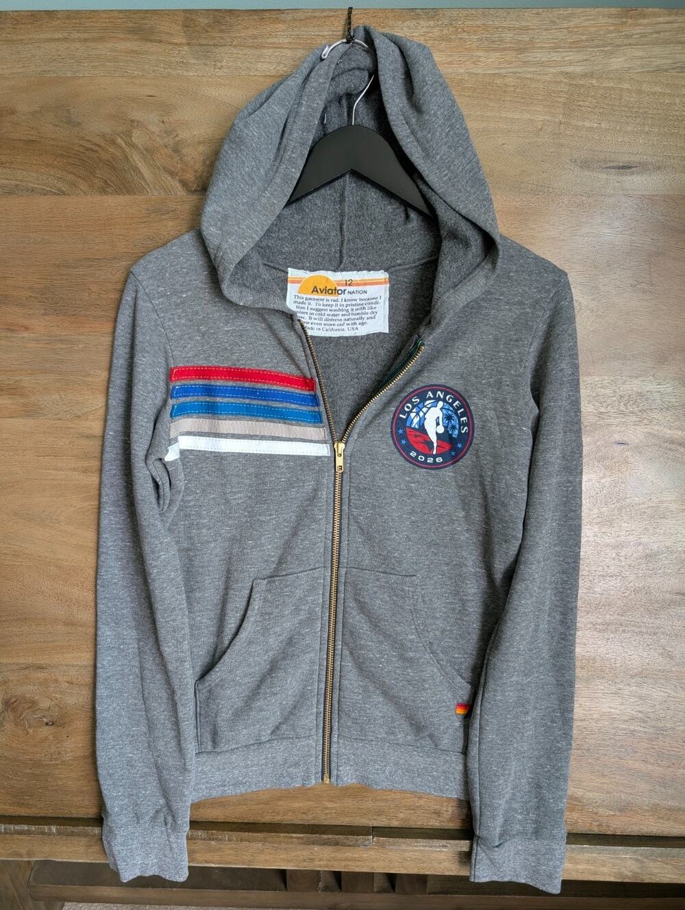 NWT Aviator Nation Hoodie Womens 12 Dark Gray Fleece Lined Long Sleeve Full Zip